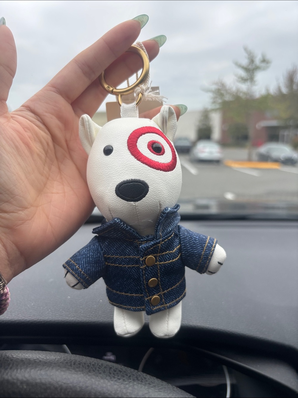 Target White Plush Dog Keychain with Red Bullseye and Denim Jacket